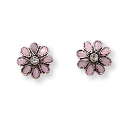 STONE FLOWER OXIDISED NECKLACE WITH MATCHING EARRINGS- PINK -