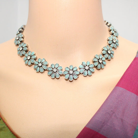 STONE FLOWER OXIDISED NECKLACE WITH MATCHING EARRINGS- TURQUOISE -