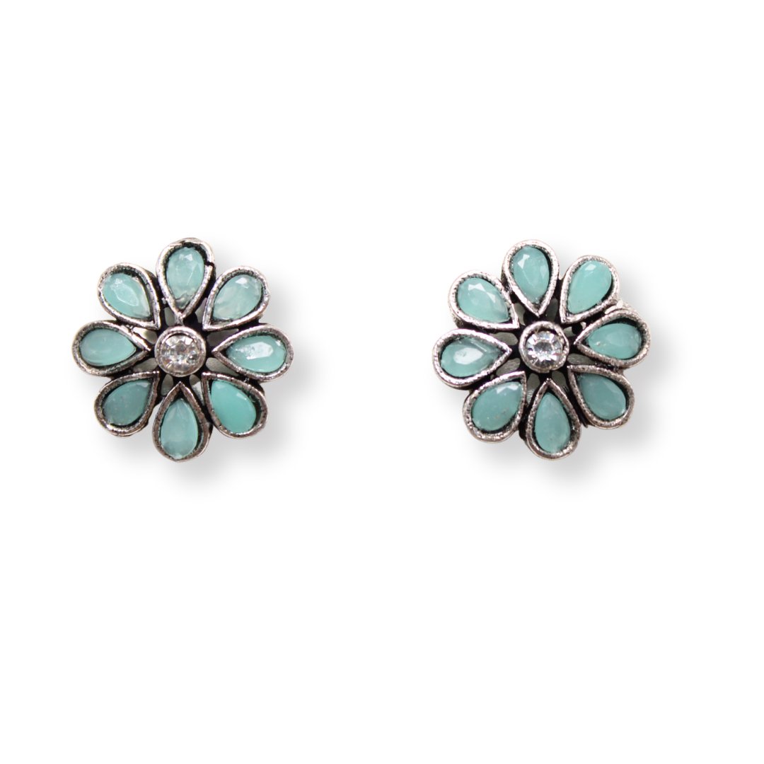 STONE FLOWER OXIDISED NECKLACE WITH MATCHING EARRINGS- TURQUOISE -