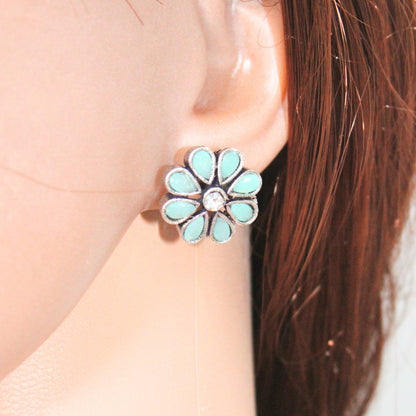 STONE FLOWER OXIDISED NECKLACE WITH MATCHING EARRINGS- TURQUOISE -