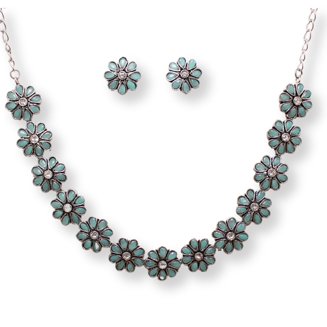 STONE FLOWER OXIDISED NECKLACE WITH MATCHING EARRINGS- TURQUOISE -