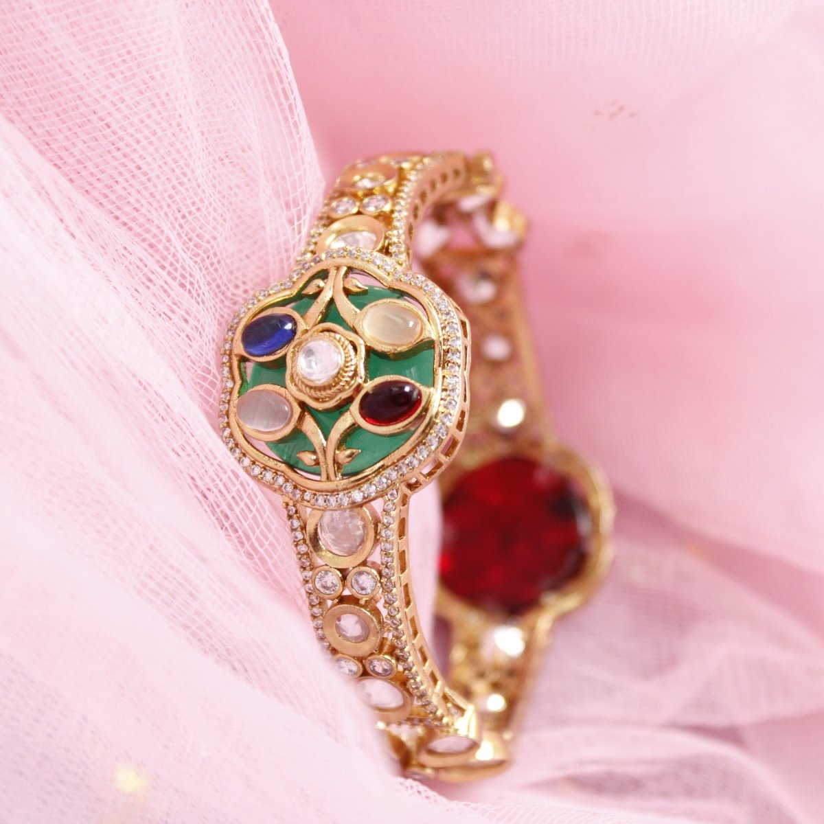 TRADITIONAL STONE & ZIRCON WITH CUTWORK KADA-RED & GREEN -kada