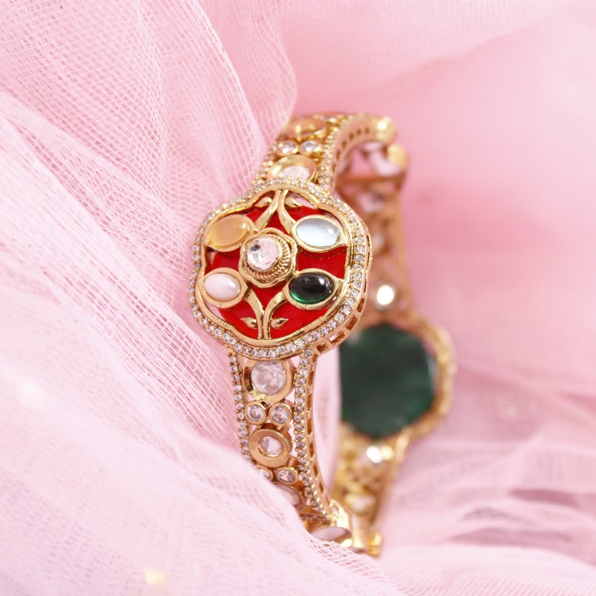 TRADITIONAL STONE & ZIRCON WITH CUTWORK KADA-RED & GREEN -kada