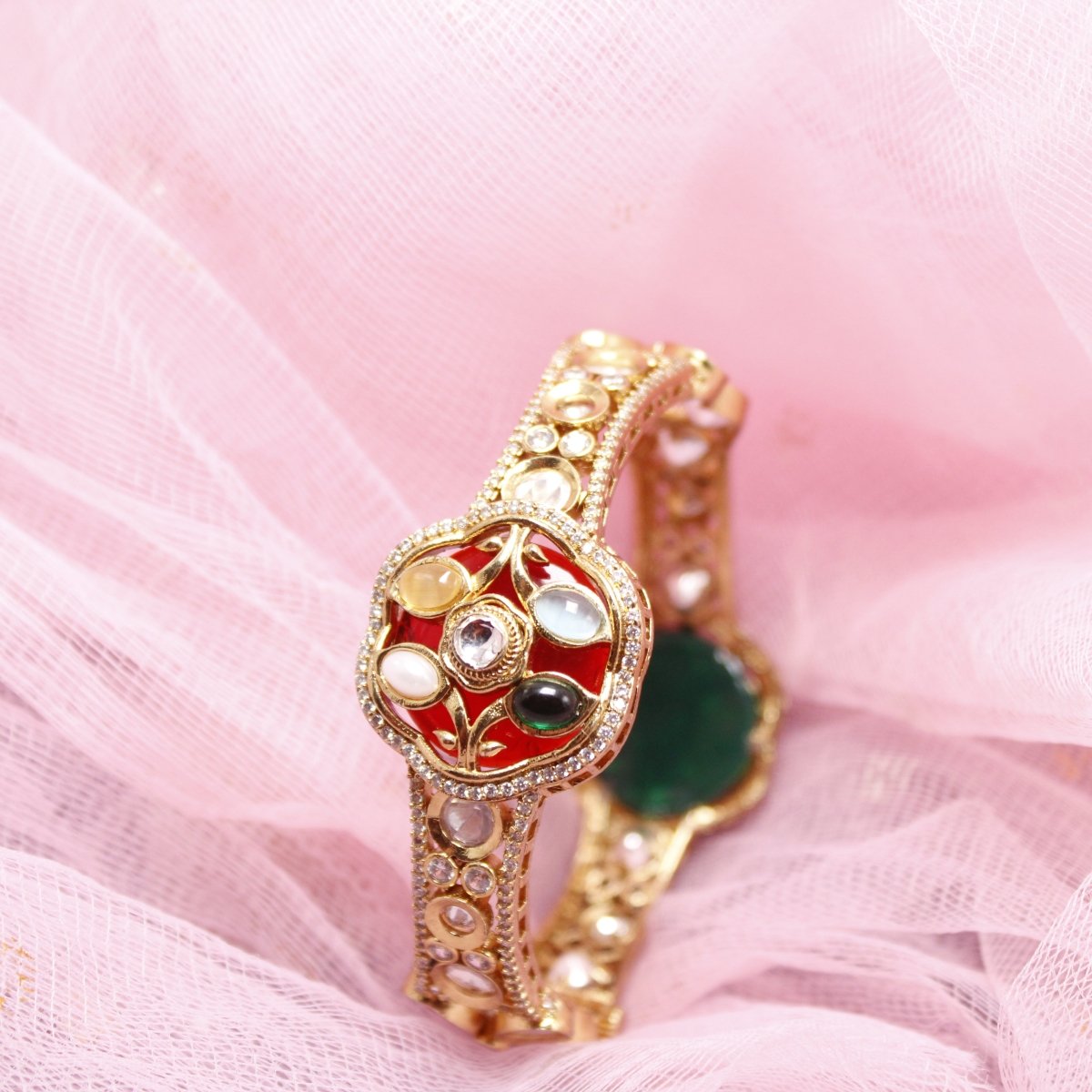 TRADITIONAL STONE & ZIRCON WITH CUTWORK KADA-RED & GREEN -kada