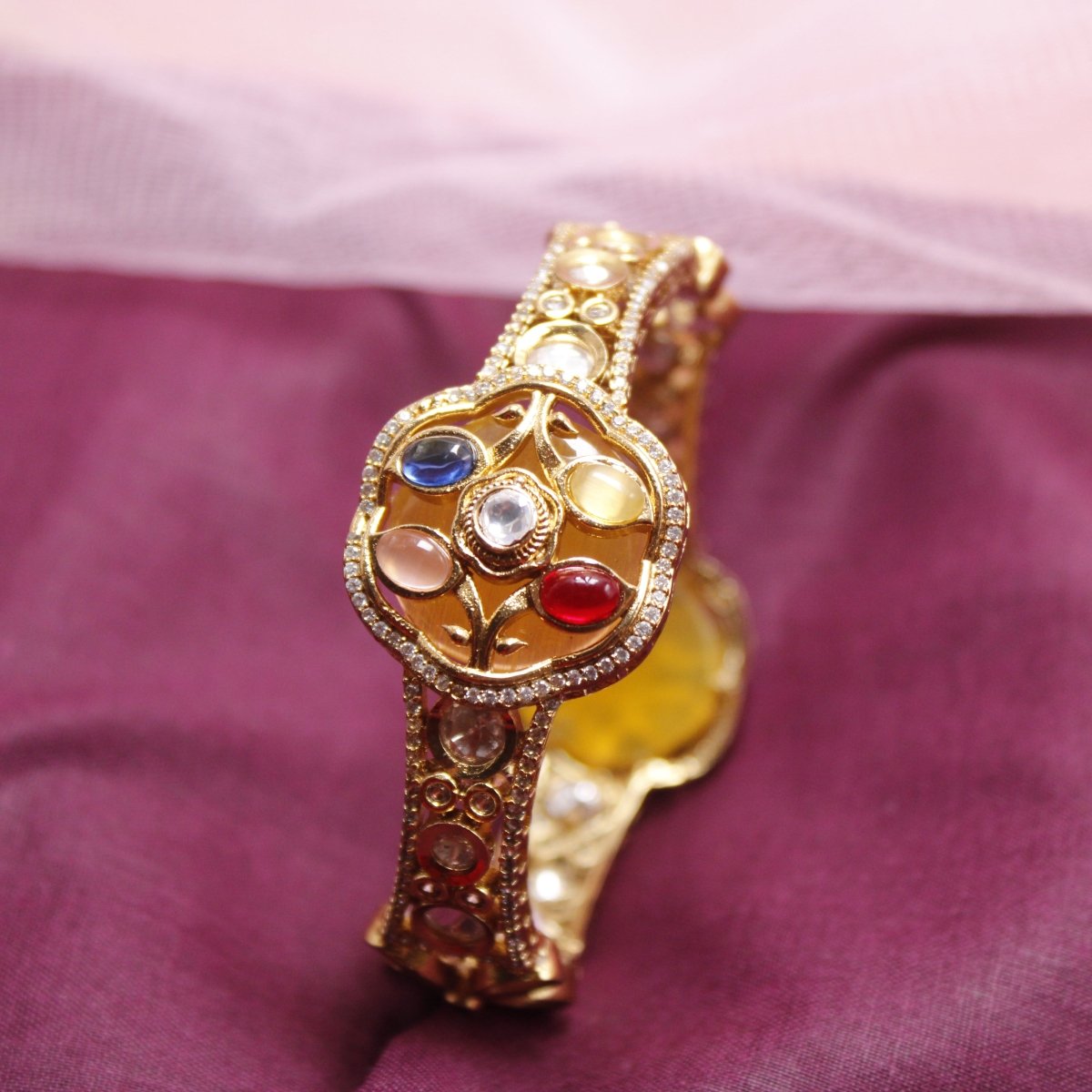 TRADITIONAL STONE & ZIRCON WITH CUTWORK KADA-YELLOW -kada