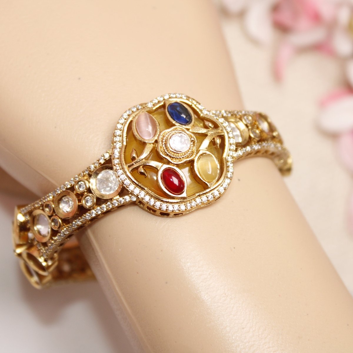 TRADITIONAL STONE & ZIRCON WITH CUTWORK KADA-YELLOW -kada