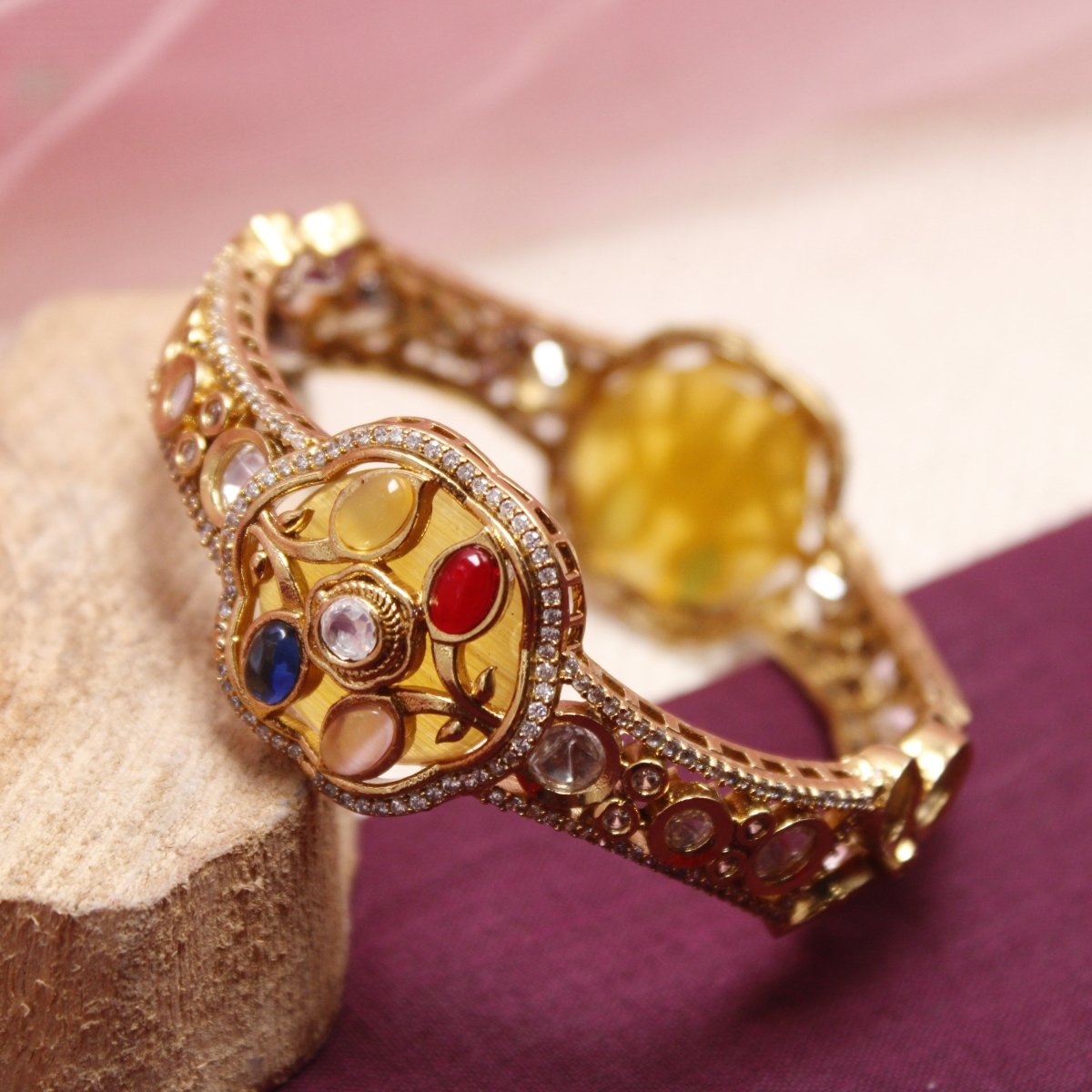 TRADITIONAL STONE & ZIRCON WITH CUTWORK KADA-YELLOW -kada