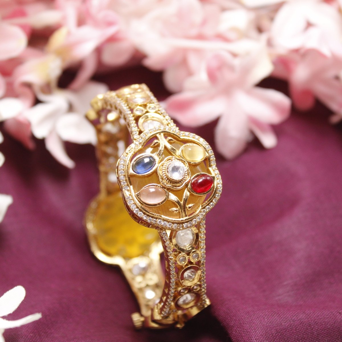 TRADITIONAL STONE & ZIRCON WITH CUTWORK KADA-YELLOW -kada