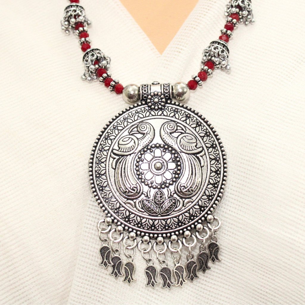 BANJARA PENDANT SET-ROUND SHAPE-MAROON COLOUR- PEACOCK PATTERN -