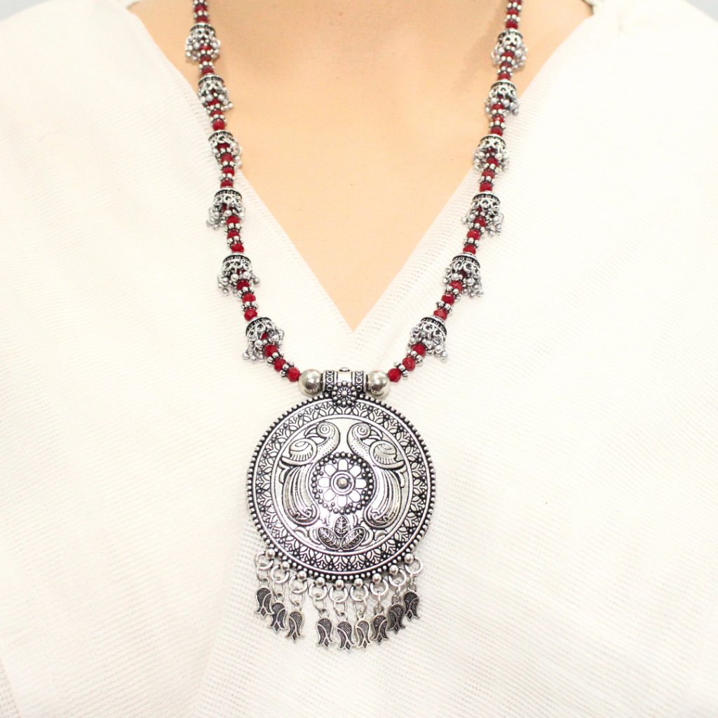 BANJARA PENDANT SET-ROUND SHAPE-MAROON COLOUR- PEACOCK PATTERN -