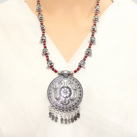 BANJARA PENDANT SET-ROUND SHAPE-MAROON COLOUR- PEACOCK PATTERN -