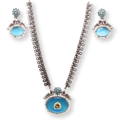 BIG OVAL STONE PENDANT SET-BLUE -Charms & Pendants