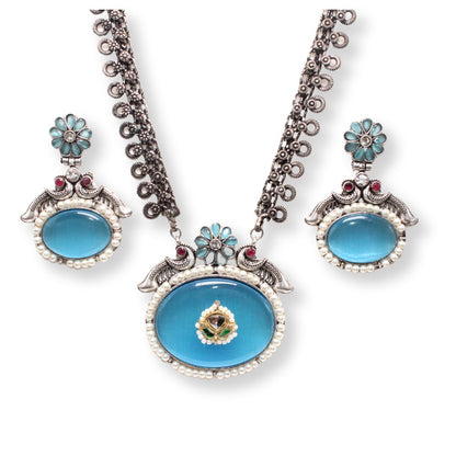 BIG OVAL STONE PENDANT SET-BLUE -Charms & Pendants