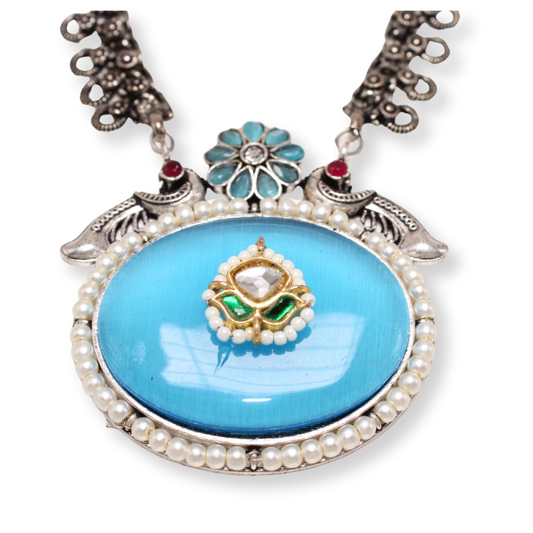 BIG OVAL STONE PENDANT SET-BLUE -Charms & Pendants