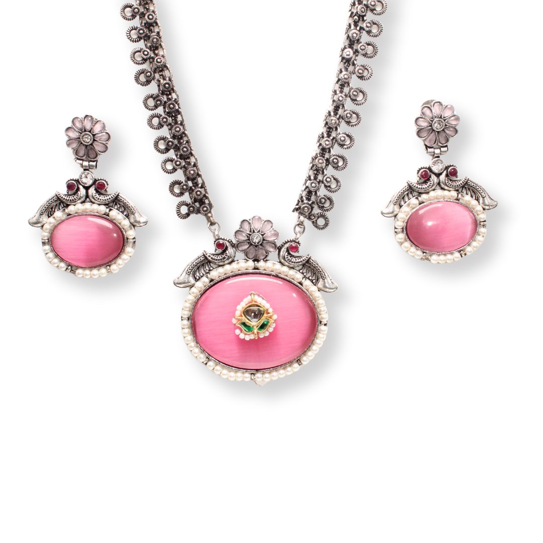 BIG OVAL STONE PENDANT SET-PINK -Charms & Pendants