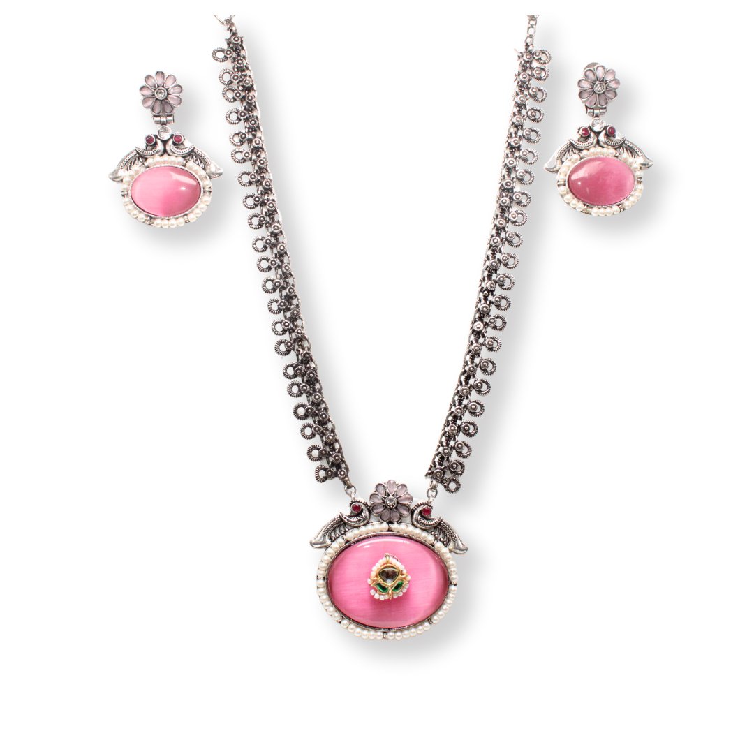 BIG OVAL STONE PENDANT SET-PINK -Charms & Pendants