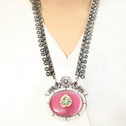 BIG OVAL STONE PENDANT SET-PINK -Charms & Pendants