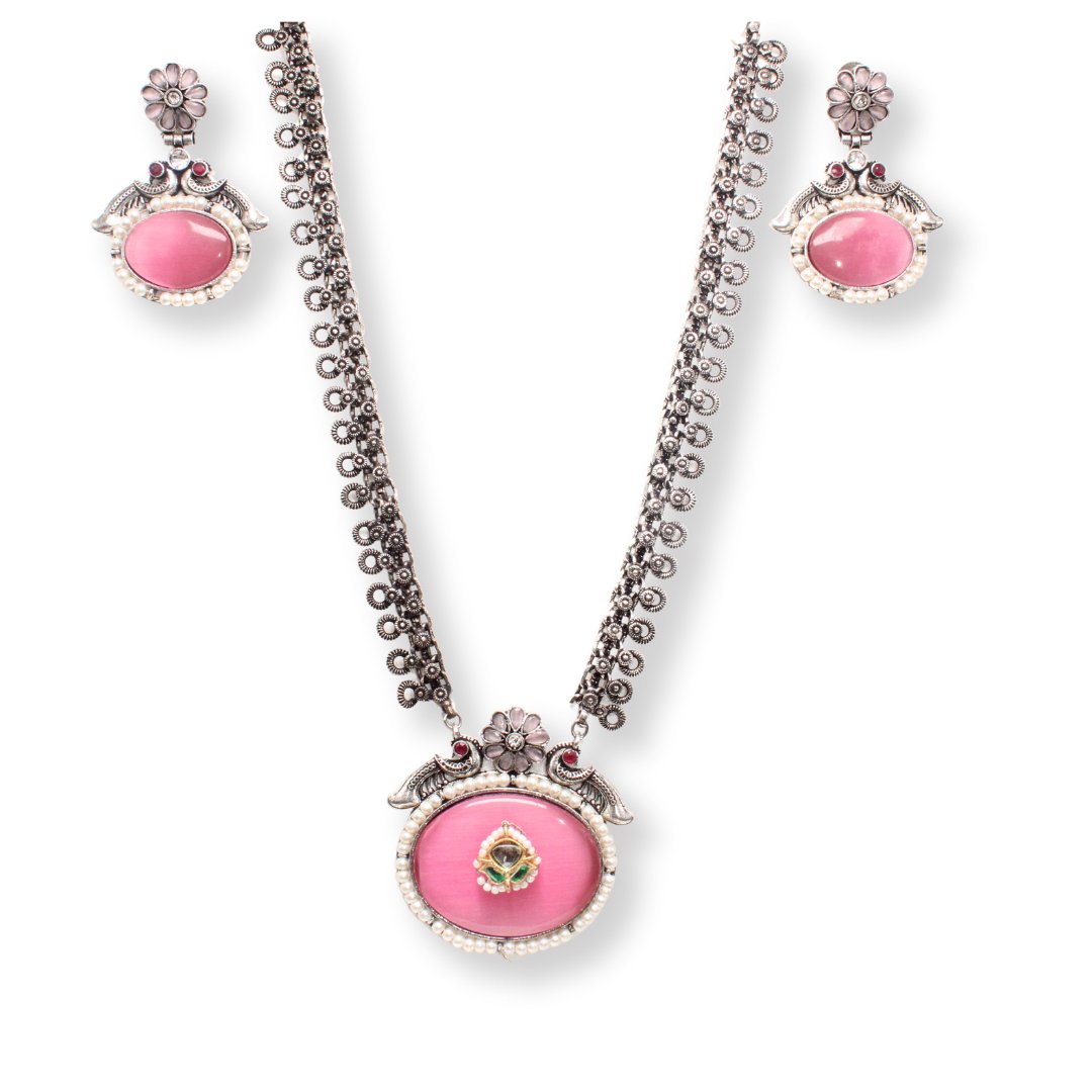 BIG OVAL STONE PENDANT SET-PINK -Charms & Pendants