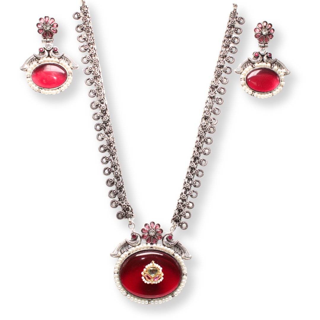 BIG OVAL STONE PENDANT SET-RED -Charms & Pendants