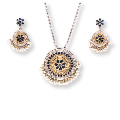 BIG ROUND DUAL-TONE PENDANT SET-BLUE -Charms & Pendants