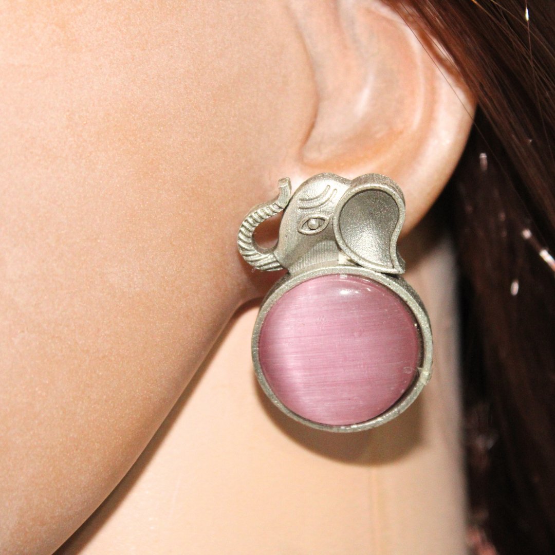 BIG STONE ELEPHANT STUD-PINK -Earrings