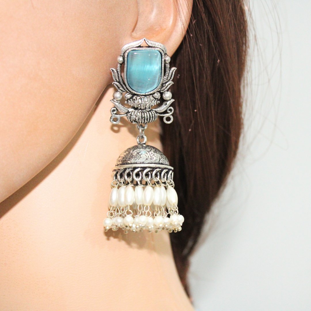 BIG STONE GULDASTA JHUMKA WITH PEARL & STONE - SKY BLUE -Earrings