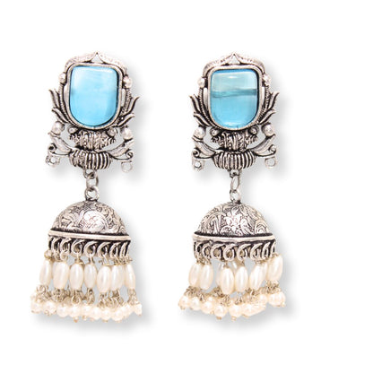 BIG STONE GULDASTA JHUMKA WITH PEARL & STONE - SKY BLUE -Earrings