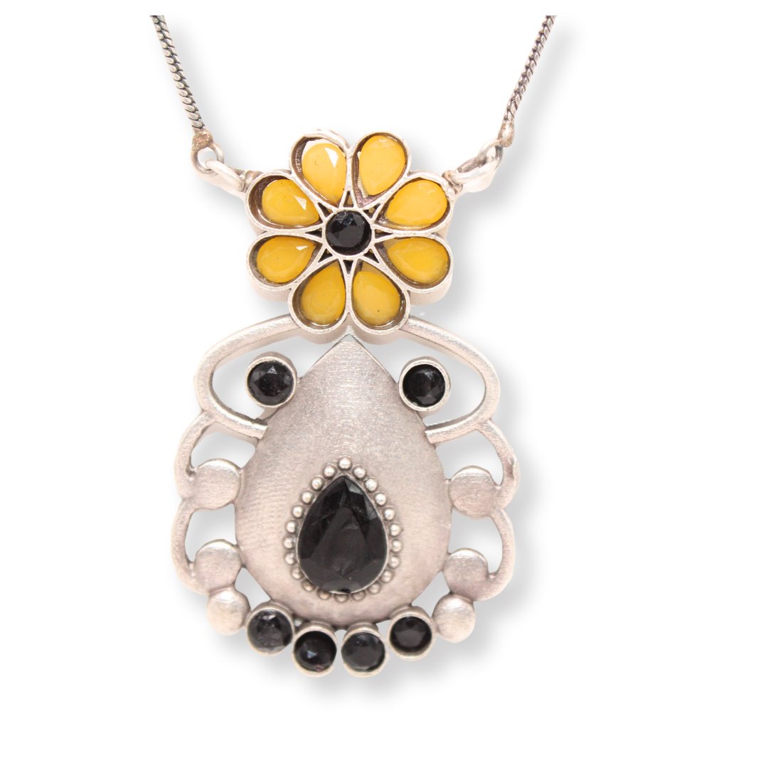 BIG TEAR-DROP WITH STONE PENDANT SET-BLACK & YELLOW -Charms & Pendants