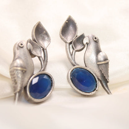 BIRD PATTERN WITH OVAL STONE STUDS-BLUE -EARRING