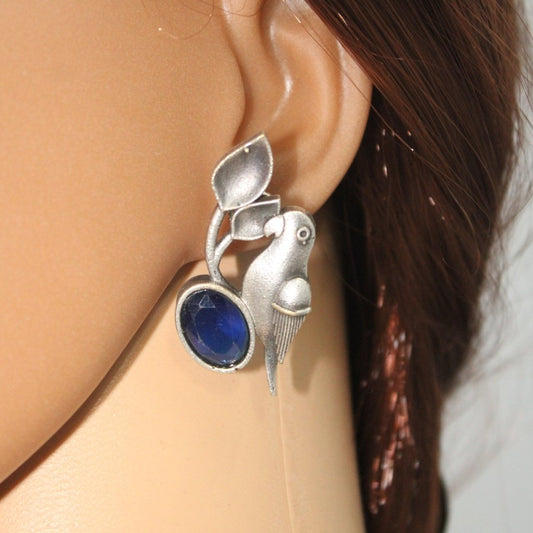 BIRD PATTERN WITH OVAL STONE STUDS-BLUE -EARRING