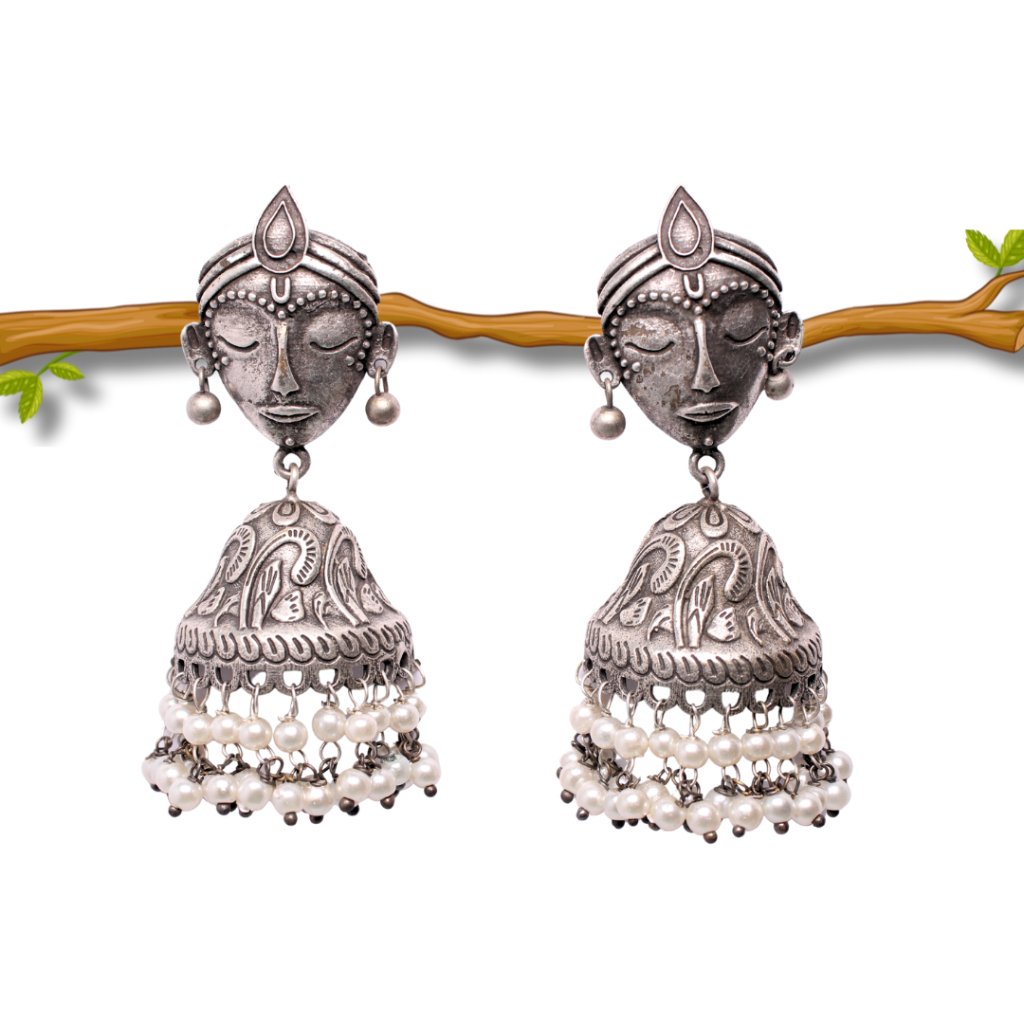 BOHO JHUMKI IN FACE PATTERN- WHITE MATTE SILVER LOOK ALIKE -