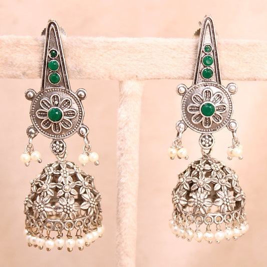 BOHO JHUMKI IN FLOWER JALI PATTERN- WHITE MATTE SILVER LOOK ALIKE-GREEN -EARRING