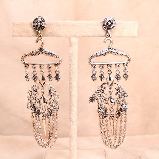 BOHO JHUMKI IN HANGER PATTERN- WHITE MATTE SILVER LOOK ALIKE -