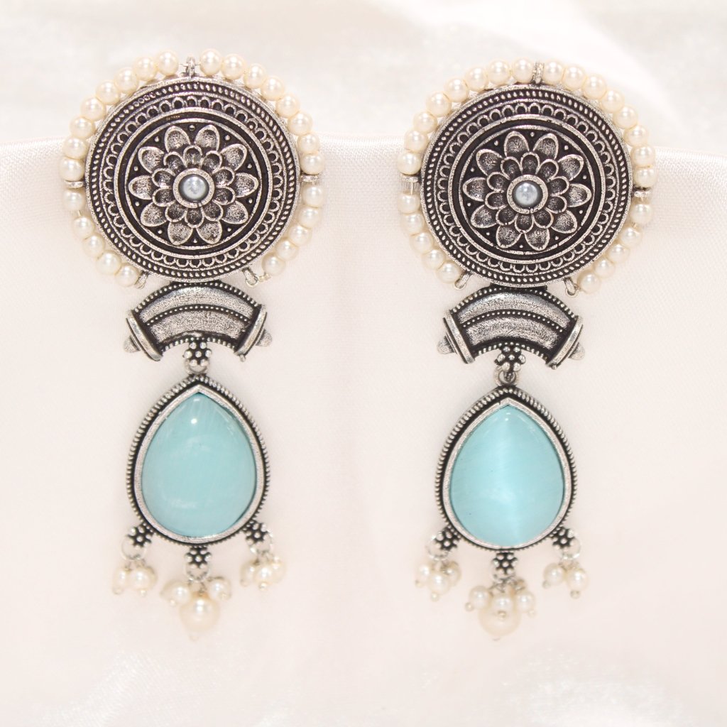 CHAKRA CHANDBALI JHUMKA WITH TEAR DROP STONE-BLUE -EARRING