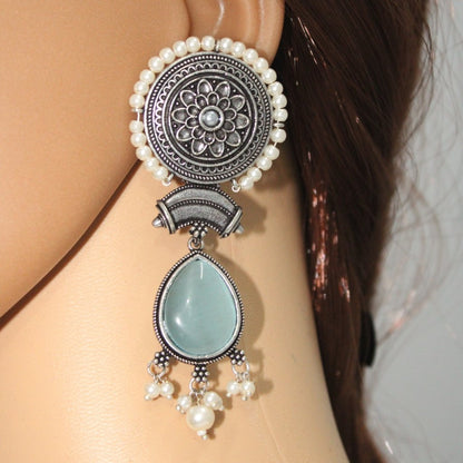 CHAKRA CHANDBALI JHUMKA WITH TEAR DROP STONE-BLUE -EARRING