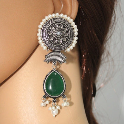 CHAKRA CHANDBALI JHUMKA WITH TEAR DROP STONE-GREEN -EARRING