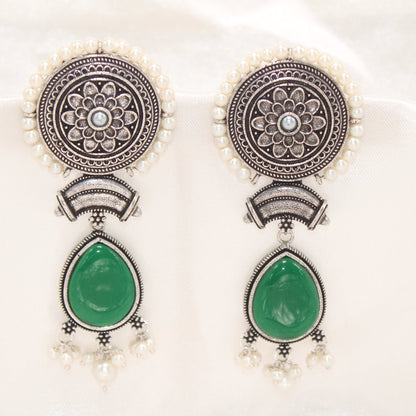 CHAKRA CHANDBALI JHUMKA WITH TEAR DROP STONE-GREEN -EARRING