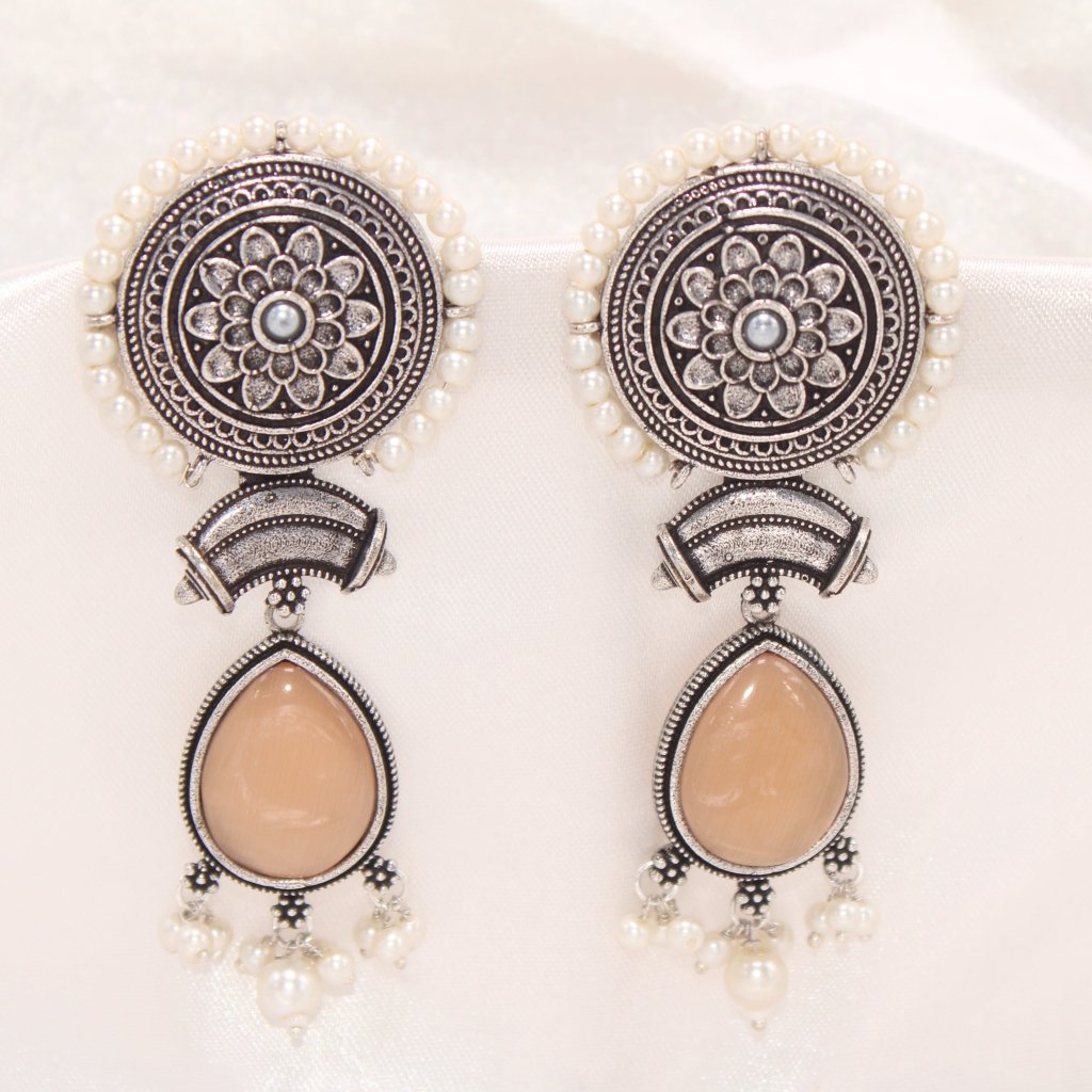 CHAKRA CHANDBALI JHUMKA WITH TEAR DROP STONE-LIGHT BROWN -EARRING