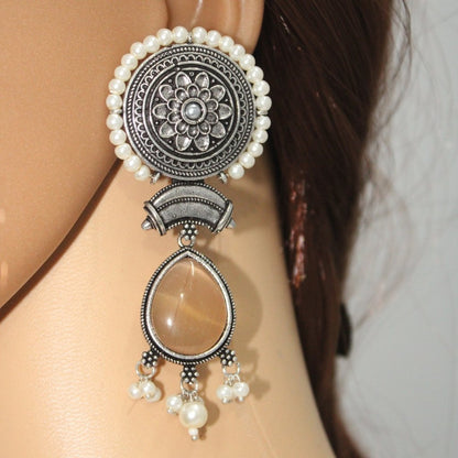 CHAKRA CHANDBALI JHUMKA WITH TEAR DROP STONE-LIGHT BROWN -EARRING