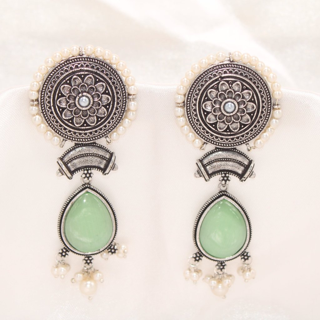 CHAKRA CHANDBALI JHUMKA WITH TEAR DROP STONE-LIGHT GREEN -EARRING