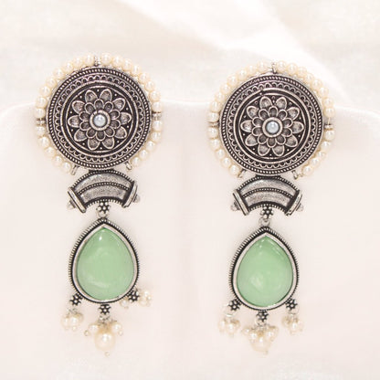 CHAKRA CHANDBALI JHUMKA WITH TEAR DROP STONE-LIGHT GREEN -EARRING