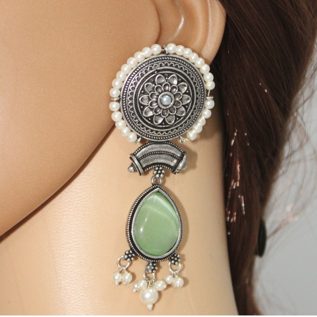 CHAKRA CHANDBALI JHUMKA WITH TEAR DROP STONE-LIGHT GREEN -EARRING