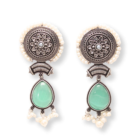 CHAKRA CHANDBALI JHUMKA WITH TEAR DROP STONE-MINT -EARRING