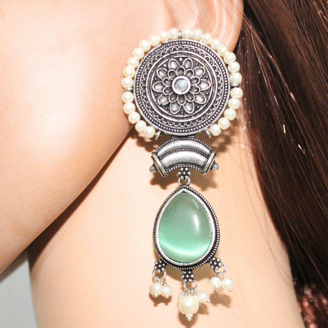 CHAKRA CHANDBALI JHUMKA WITH TEAR DROP STONE-MINT -EARRING