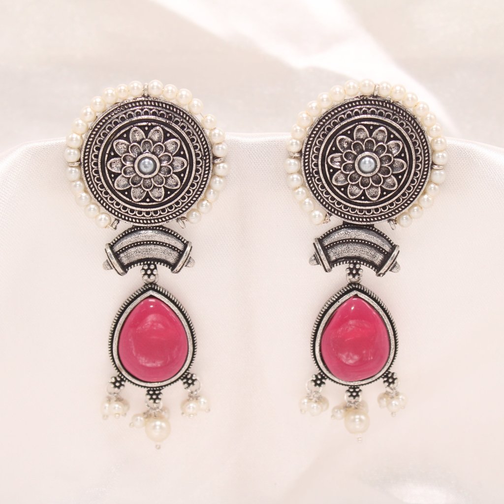 CHAKRA CHANDBALI JHUMKA WITH TEAR DROP STONE-RED -EARRING