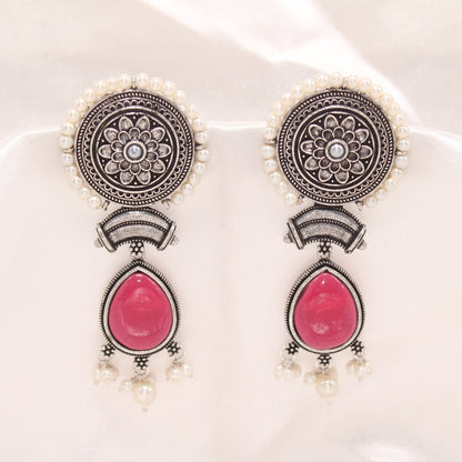 CHAKRA CHANDBALI JHUMKA WITH TEAR DROP STONE-RED -EARRING