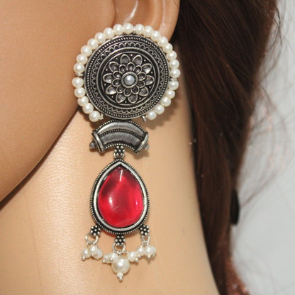 CHAKRA CHANDBALI JHUMKA WITH TEAR DROP STONE-RED -EARRING