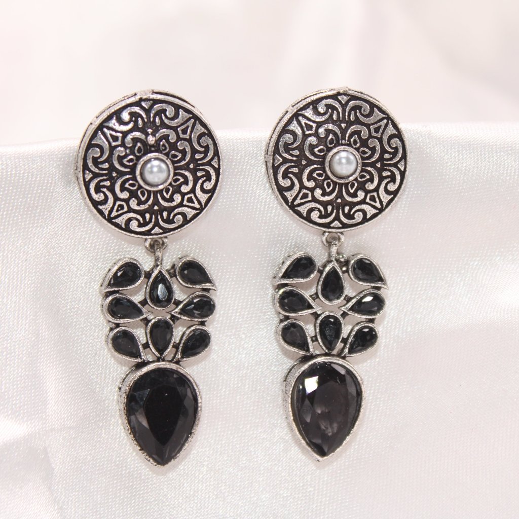 CHAKRA JHUMKA WITH TEAR DROPS STONE-BLACK -EARRING