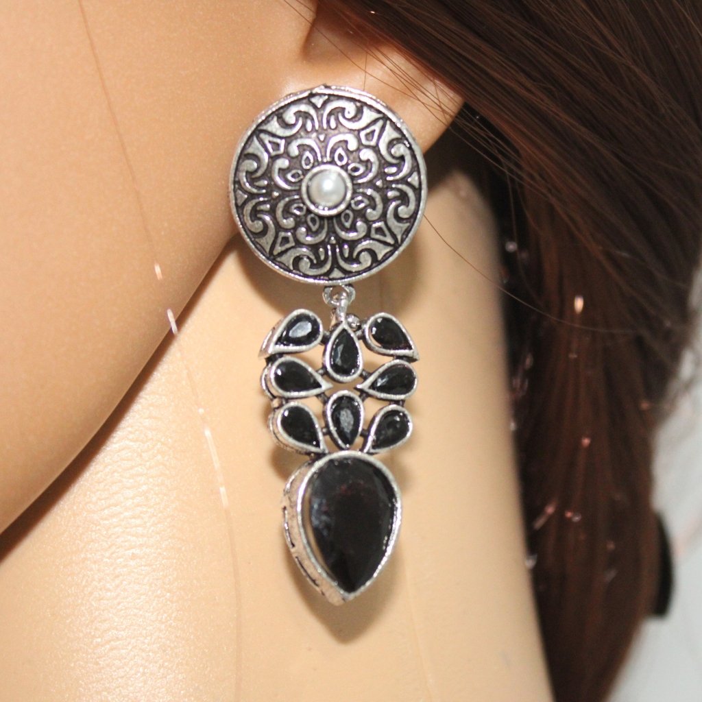 CHAKRA JHUMKA WITH TEAR DROPS STONE-BLACK -EARRING