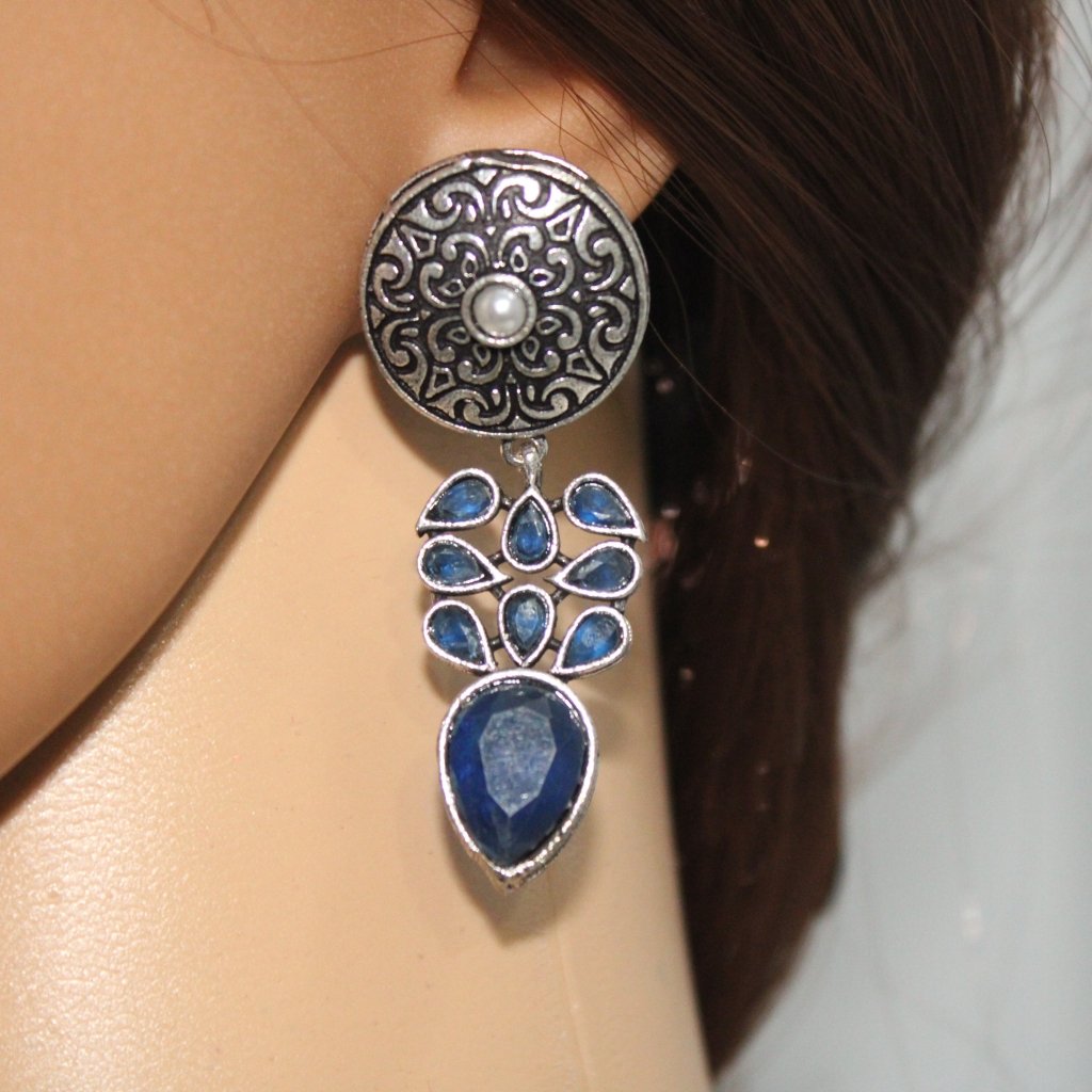 CHAKRA JHUMKA WITH TEAR DROPS STONE-BLUE -EARRING